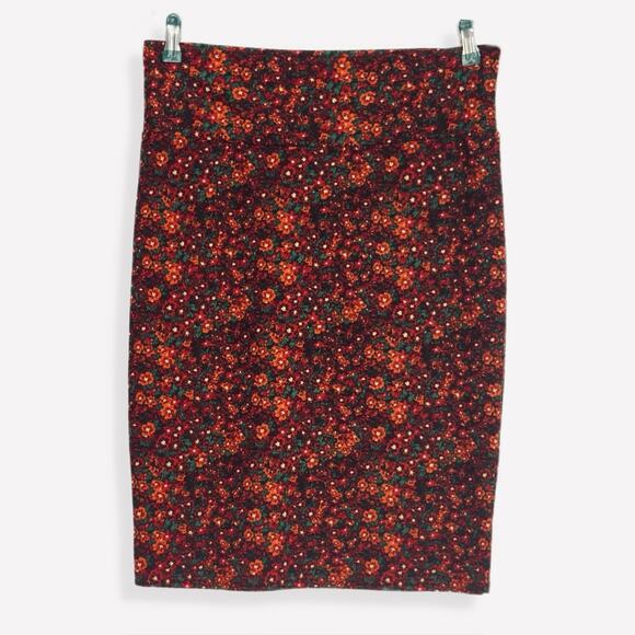 LuLaRoe Cassie Skirt Large Red Floral Knee Length Pull On Pencil Stretchy Travel - Picture 1 of 9